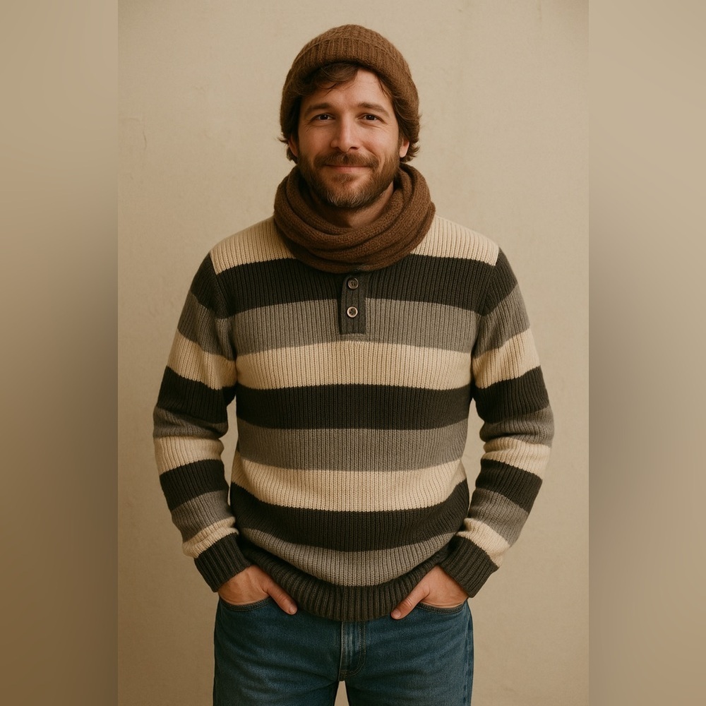 Vintage Britches Striped Cotton Sweater — Black, Grey & Cream — Size L